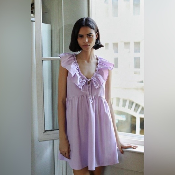 Zara Dresses & Skirts - NEW Zara Pastel Lilac Purple Sleeveless Mini Dress Ruffles Tie Boho Cotton XL
